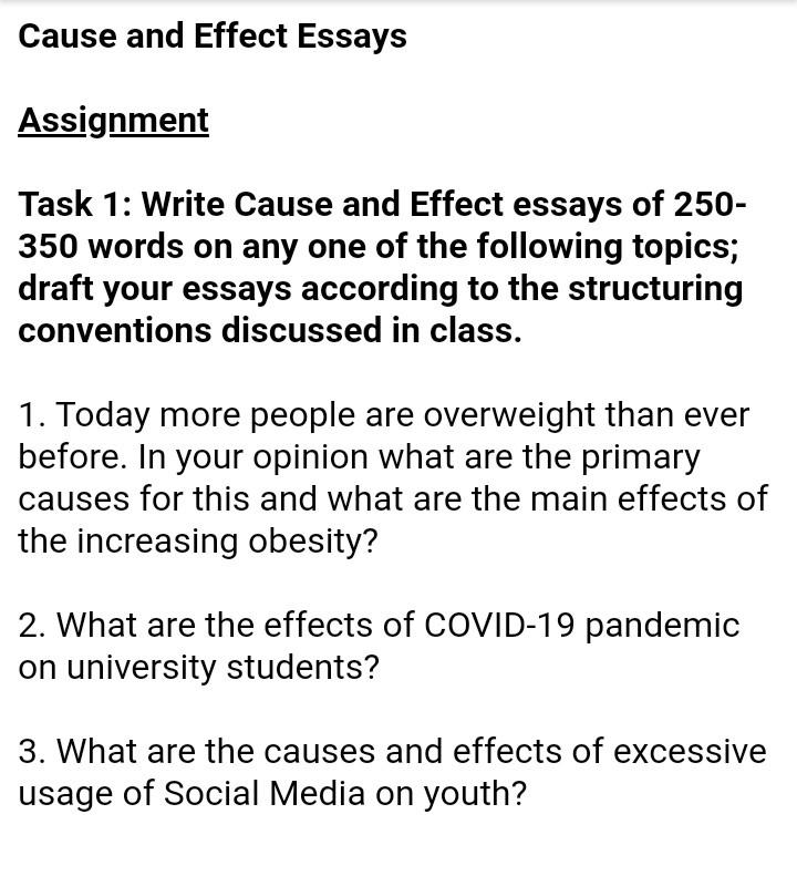 Solved Cause and Effect Essays Assignment Task 1 Write
