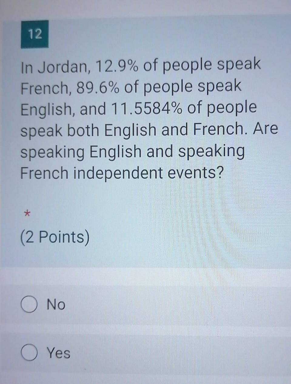 Solved 12 In Jordan 12 9 Of People Speak French 6 Of Chegg Com