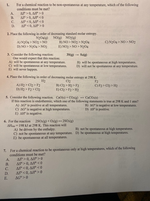 Solved For a chemical reaction to be non-spontaneous at any | Chegg.com