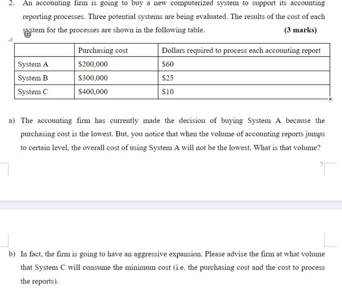2. An accounting firm is going to buy a new computerized system to support its accounting reporting processes. Three potentia