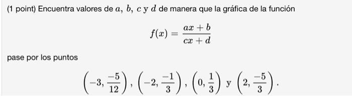 (1 point) Encuentra valores de \( a, b, c \) y \( d \) de manera que la gráfica de la función \[ f(x)=\frac{a x+b}{c x+d} \]