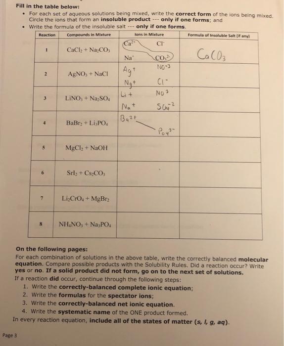 Solved 1 CaCO₃ Fill in the table below: For each set of | Chegg.com