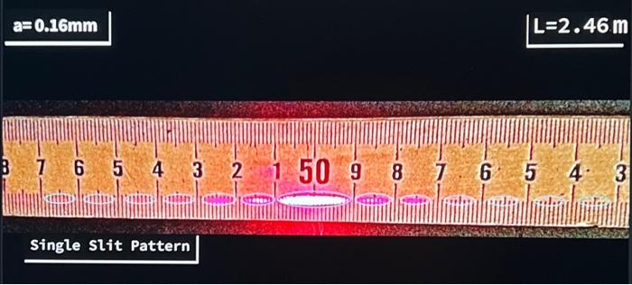 \( a=0.16 \mathrm{~mm} \)
\( L=2.46 \mathrm{~m} \)
Single Slit Pattern
