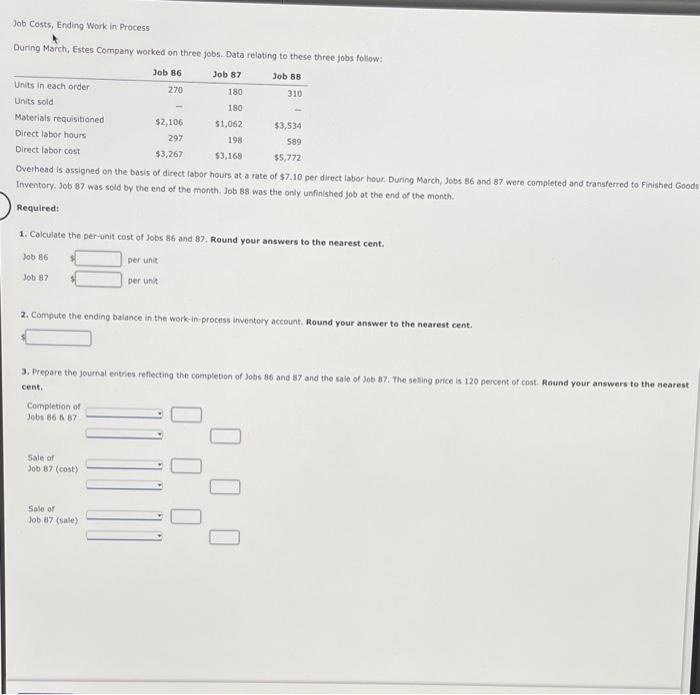 Solved Job Costs, Ending Work in Process During March, Estes