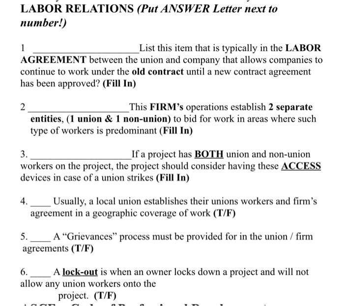 Solved LABOR RELATIONS (Put ANSWER Letter next to number!) 1 | Chegg.com