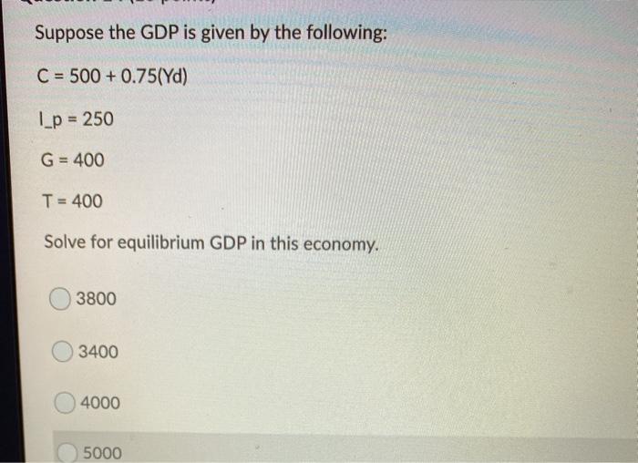 Solved Suppose The GDP Is Given By The Following: C = 500+ | Chegg.com