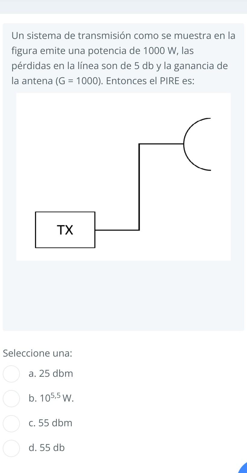 Un sistema de transmisión como se muestra en la figura emite una potencia de \( 1000 \mathrm{~W} \), las pérdidas en la línea