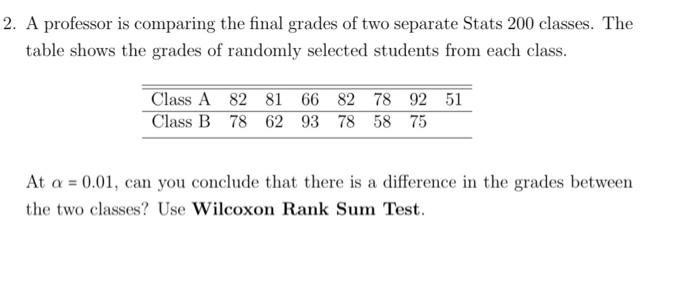 Solved 2. A professor is comparing the final grades of two | Chegg.com