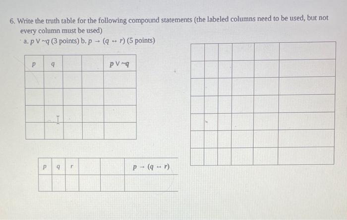 6. Write the truth table for the following compound statements (the labeled columns need to be used, but not every column mus