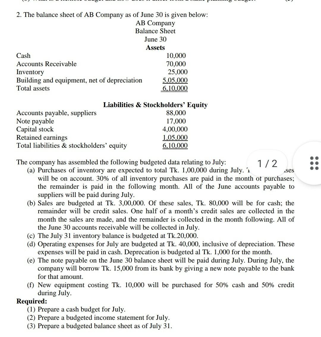 Solved 2. The Balance Sheet Of AB Company As Of June 30 Is | Chegg.com