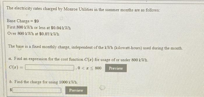 Solved The electricity rates charged by Monroe Utilities in | Chegg.com