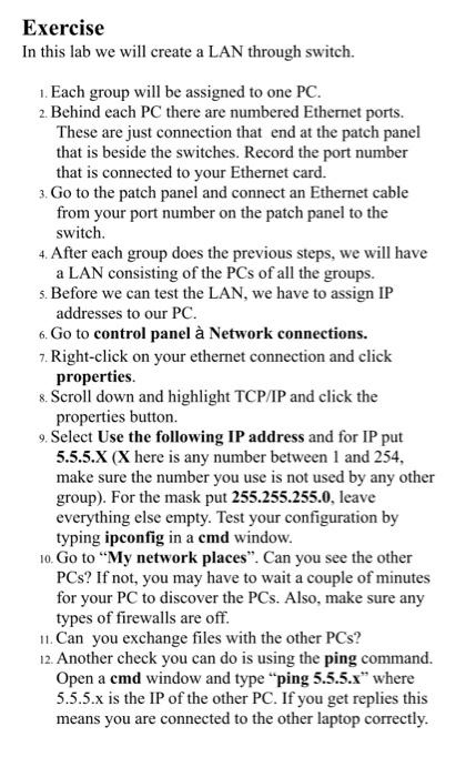Solved Exercise In this lab we will create a LAN through | Chegg.com