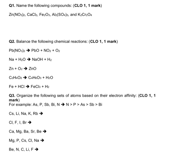 Solved Q1. Name the following compounds: (CLO 1, 1 mark) | Chegg.com