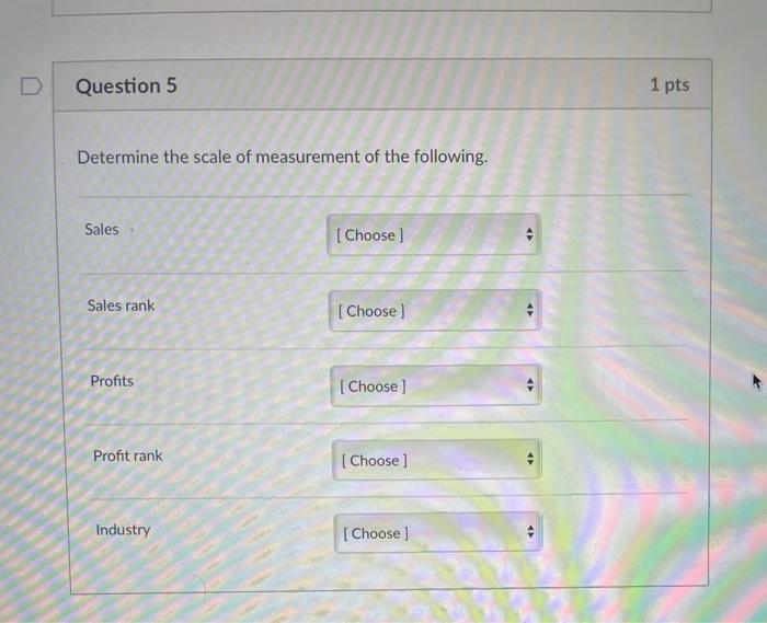 Solved D Question 5 1 pts Determine the scale of measurement | Chegg.com
