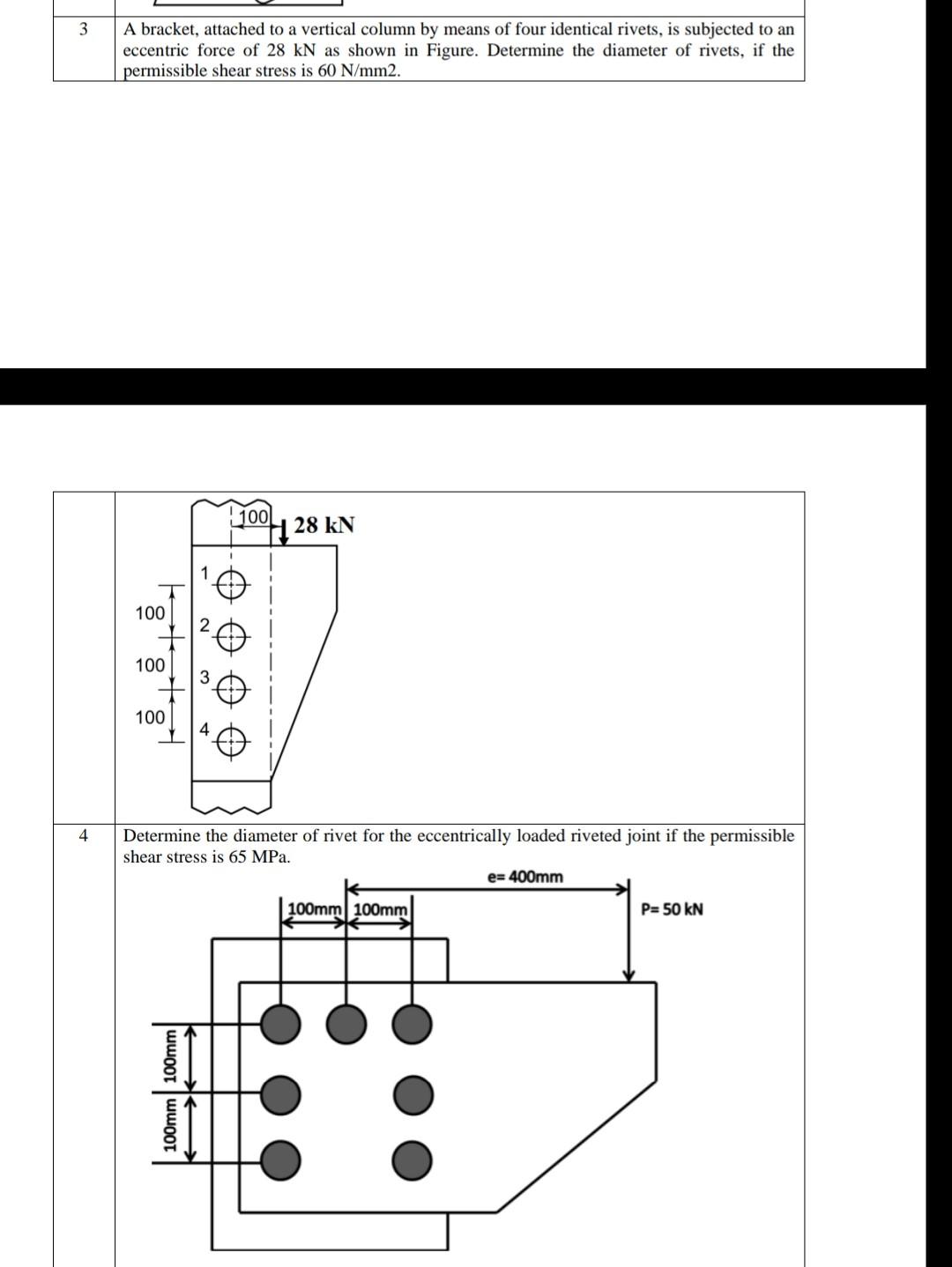 Determine the diameter of rivet for the eccentrically loaded riveted joint if the permissible shear stress is \( 65 \mathrm{M