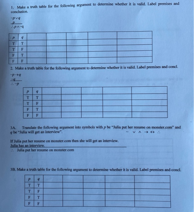 Solved 1. Make a truth table for the following argument to | Chegg.com