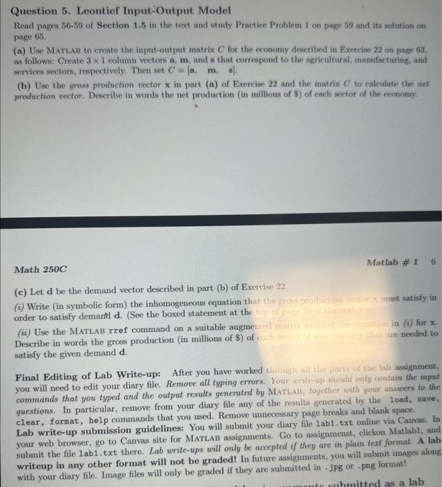 Solved Question 5. Leontief Input-Output Model Read Pages | Chegg.com