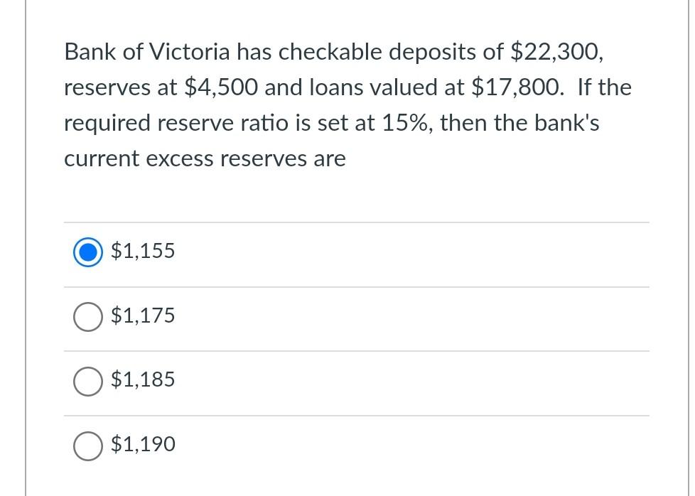 Solved Bank of Victoria has checkable deposits of 22,300,