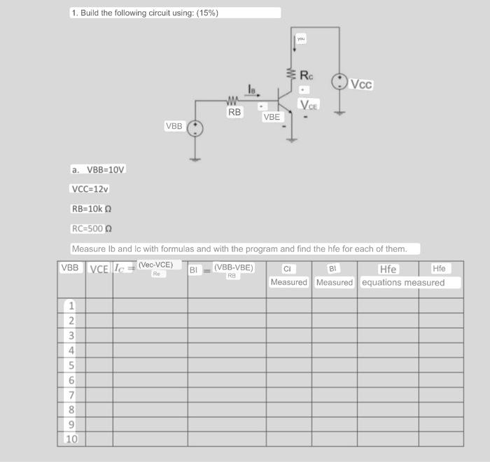 1. Build the following circuit using: (15%) RC VCC w VCE RB VBE VBB a. VBB=10V VCC=12v RB=10k RC=500 Measure Ib and ic with f