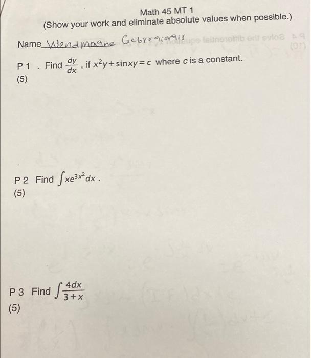 Solved Math 45 MT 1 (Show your work and eliminate absolute | Chegg.com