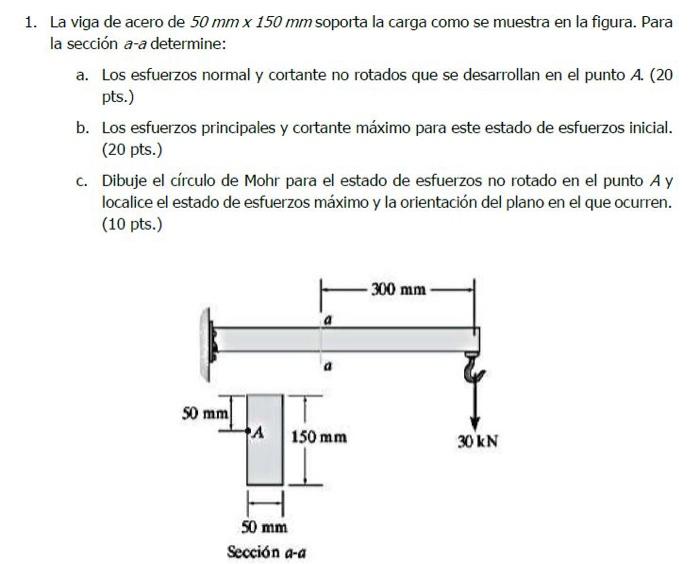 1. La viga de acero de \( 50 \mathrm{~mm} \times 150 \mathrm{~mm} \) soporta la carga como se muestra en la figura. Para la s