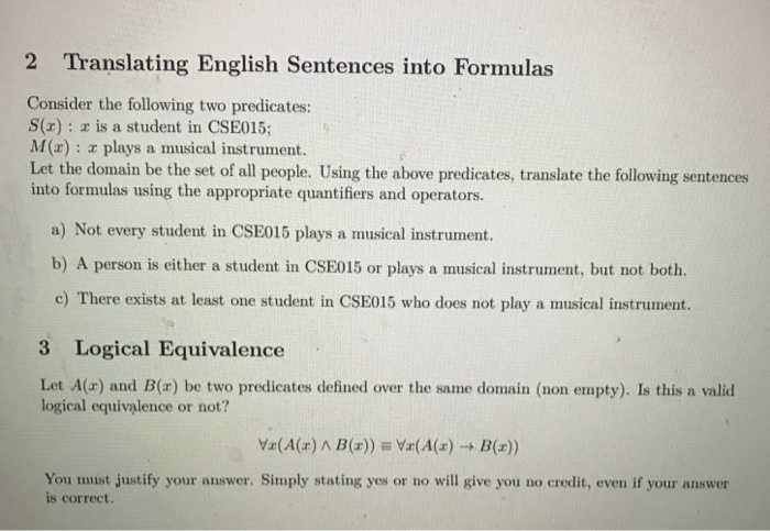 Solved 2 Translating English Sentences Into Formulas Chegg Com