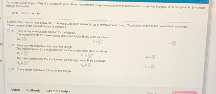 Solved Two sides and an angle (SSA) of a triangle are given. | Chegg.com