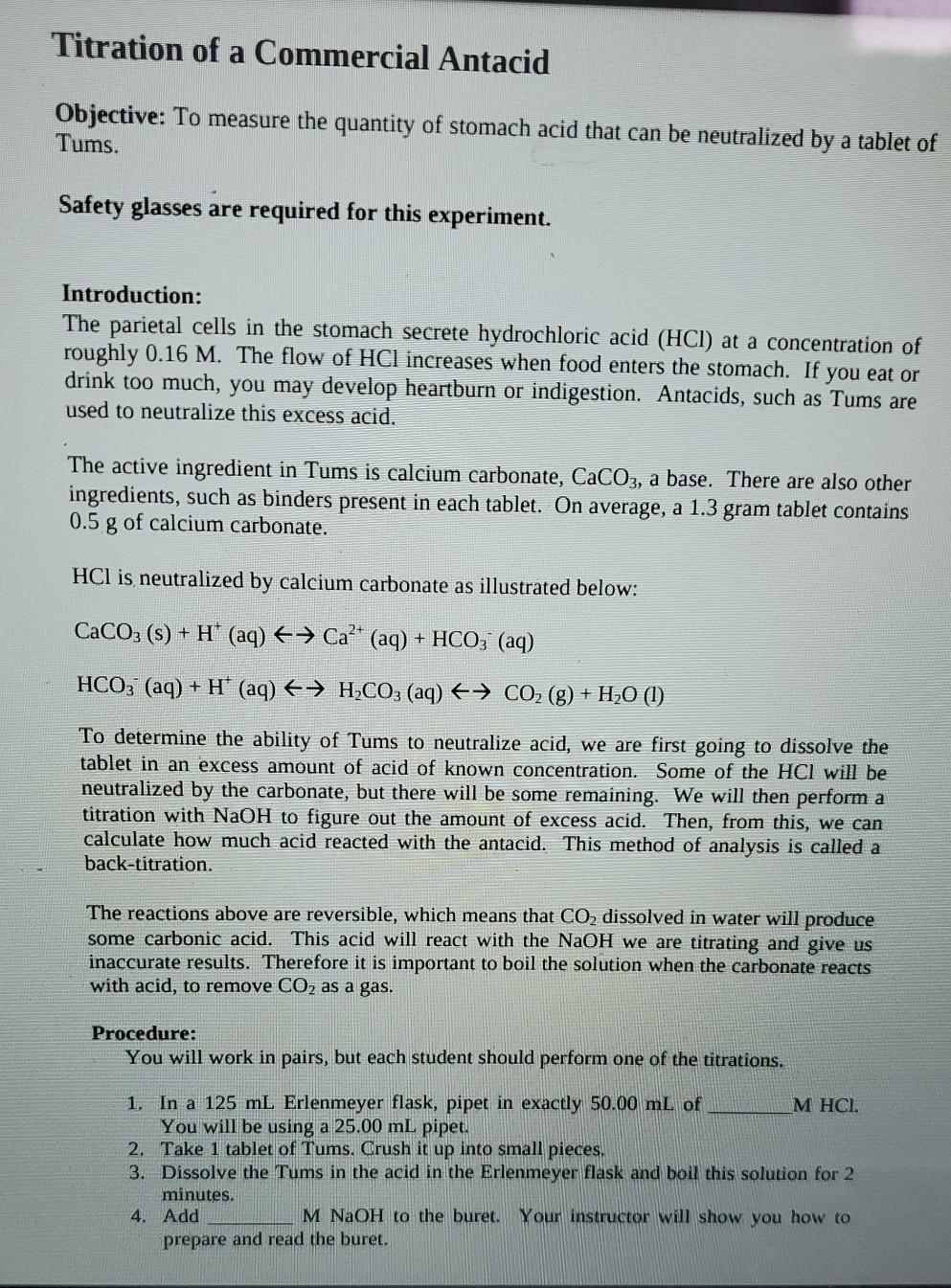 Solved Titration of a Commercial Antacid Objective To