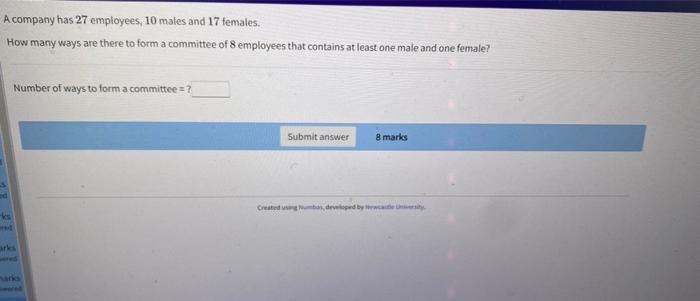 Solved A company has 27 employees, 10 males and 17 females. | Chegg.com