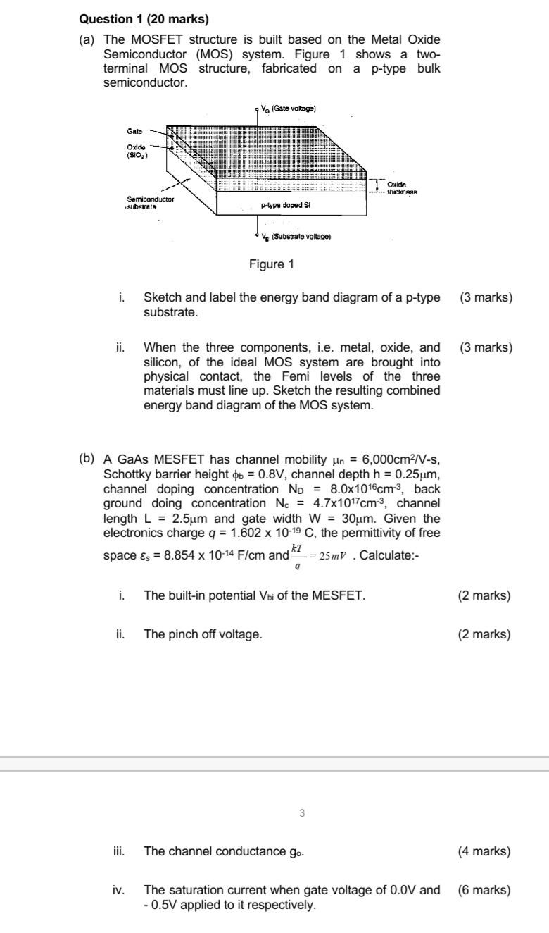 Mosfet Questions Solved Question 1 (20 marks) (a) The MOSFET structure is | Chegg.com