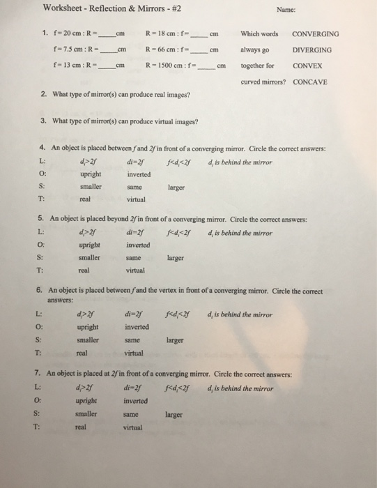 Solved Worksheet - Reflection & Mirrors - #2 Name: Which | Chegg.com