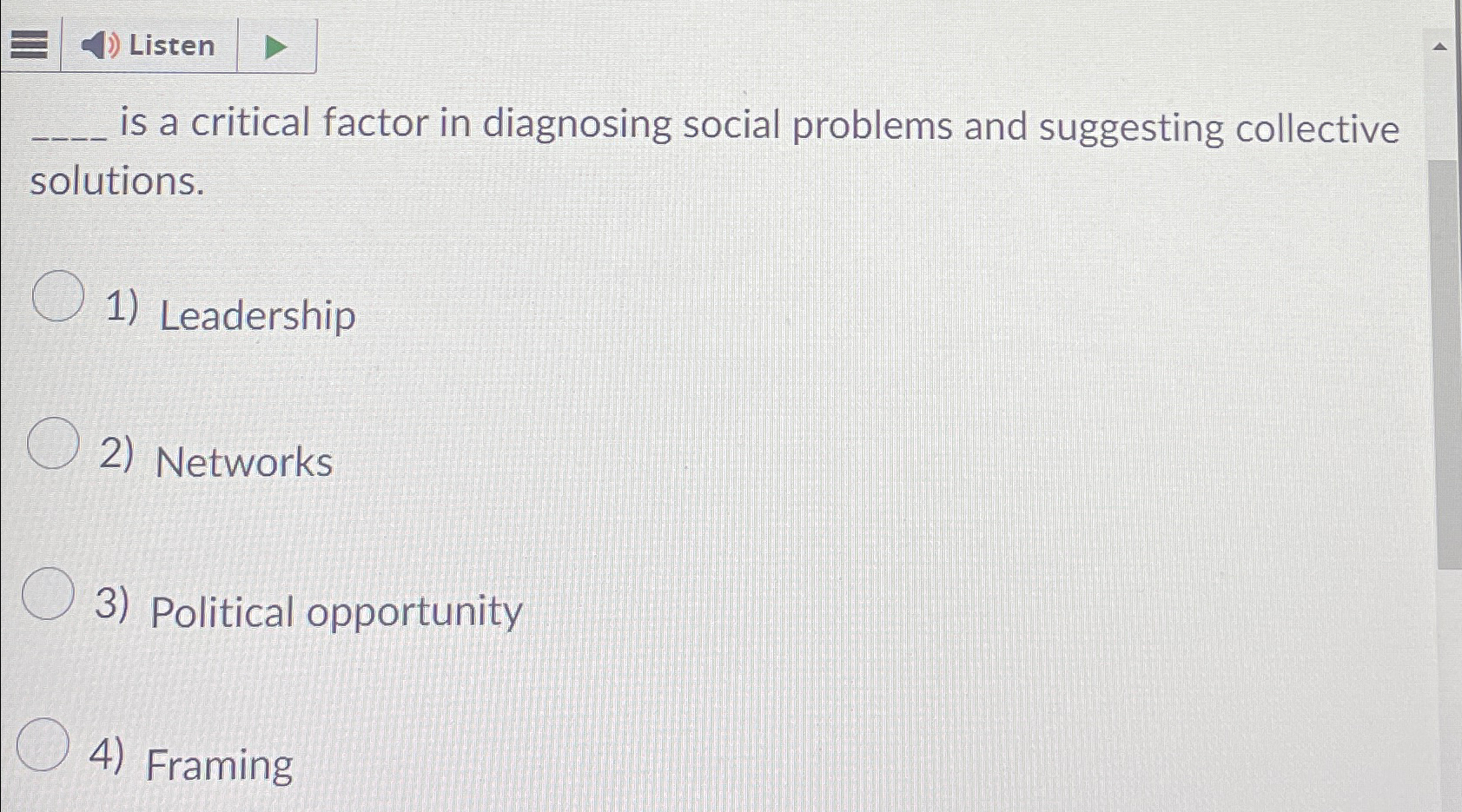 Solved Listenis a critical factor in diagnosing social | Chegg.com