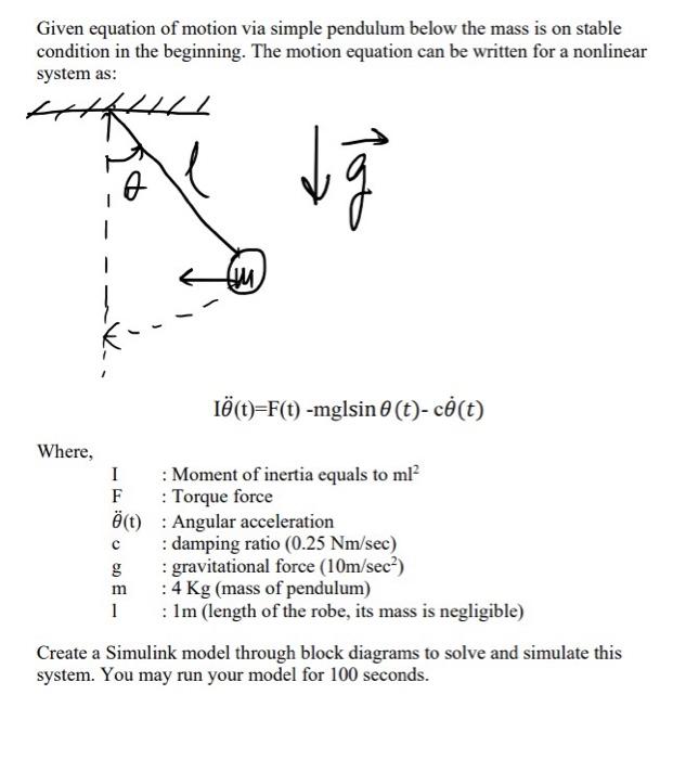 Solved Given equation of motion via simple pendulum below | Chegg.com