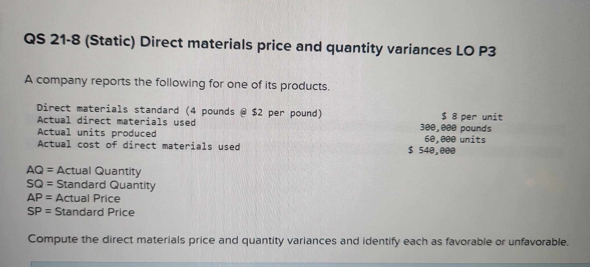 Solved QS 218 (Static) Direct materials price and quantity