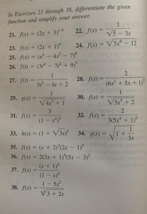 Solved In Exercises 21 Through 38 Differentiate The Give Chegg Com