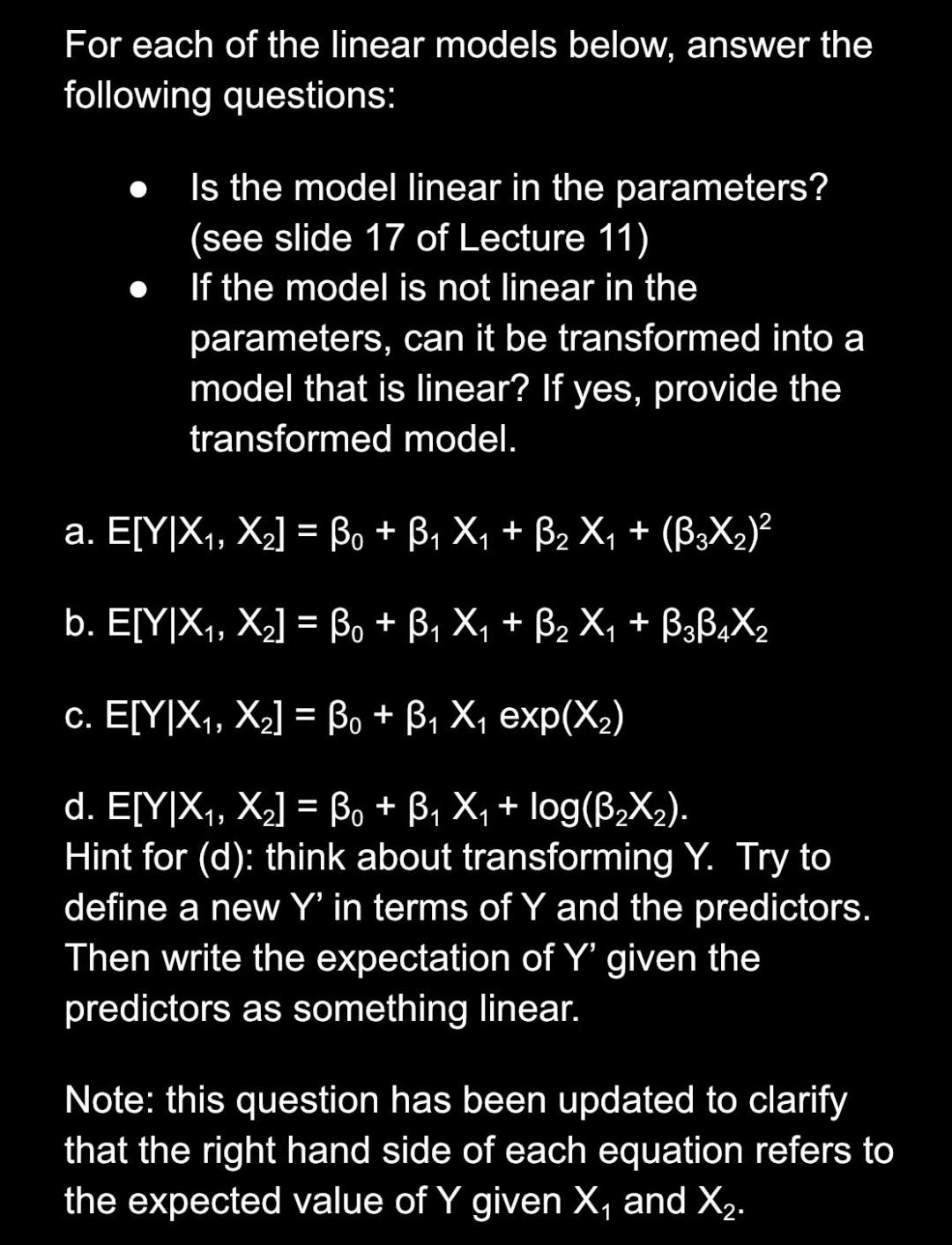 Solved For each of the linear models below, answer the | Chegg.com