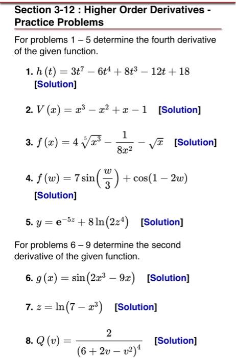 Solved Section 3-12 : Higher Order Derivatives - Practice | Chegg.com