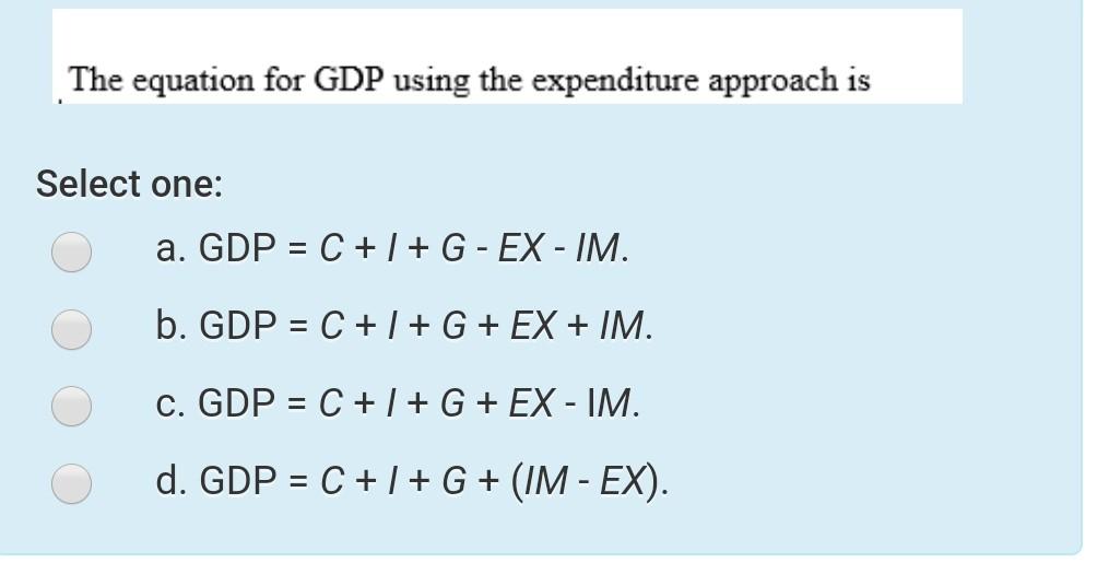 Solved The equation for GDP using the expenditure approach | Chegg.com