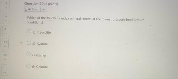 Which of the following index minerals forms at the lowest pressure temperature conditions?
a) Staurolite .
b) Kyanite
c) Garn