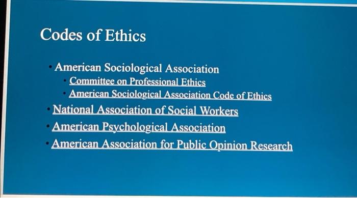 Codes of Ethics
American Sociological Association
Committee on Professional Ethics
American Sociological Association Code of