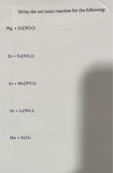 net ionic reaction for zn fe no3 2