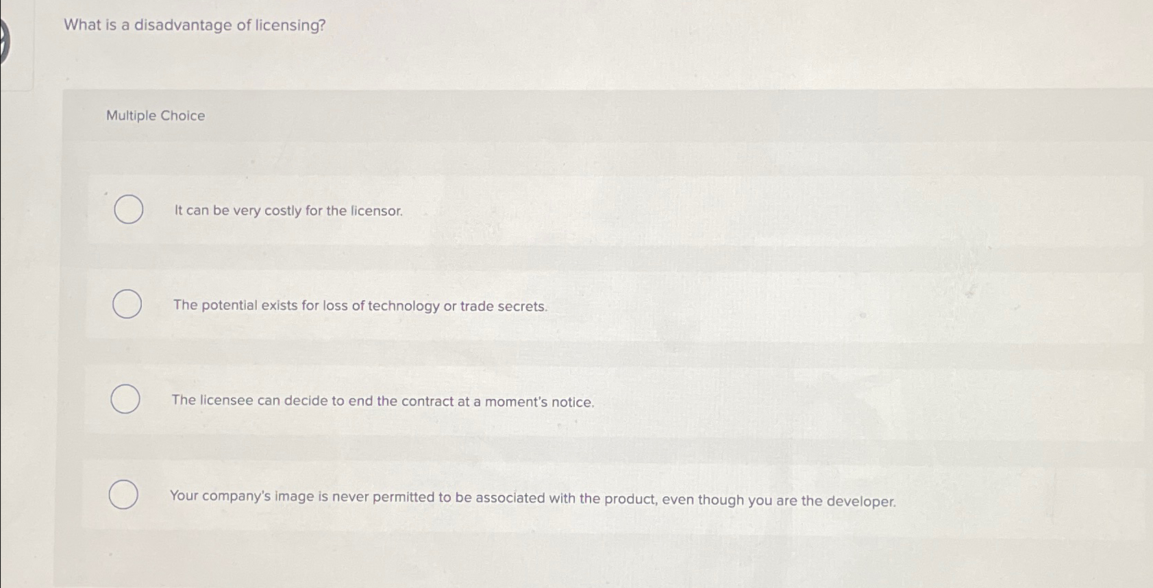 Solved What is a disadvantage of licensing?Multiple ChoiceIt