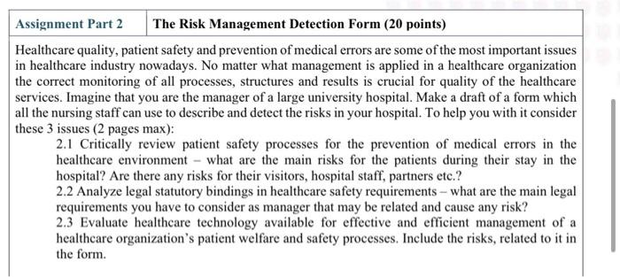 Solved Assignment Part 2 The Risk Management Detection Form | Chegg.com