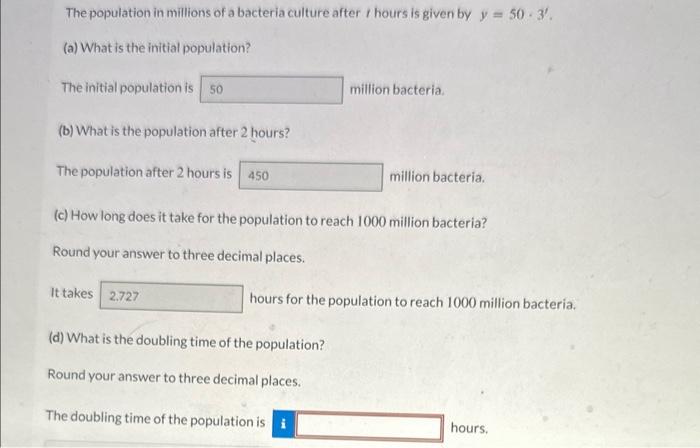 Solved The population in millions of a bacteria culture | Chegg.com