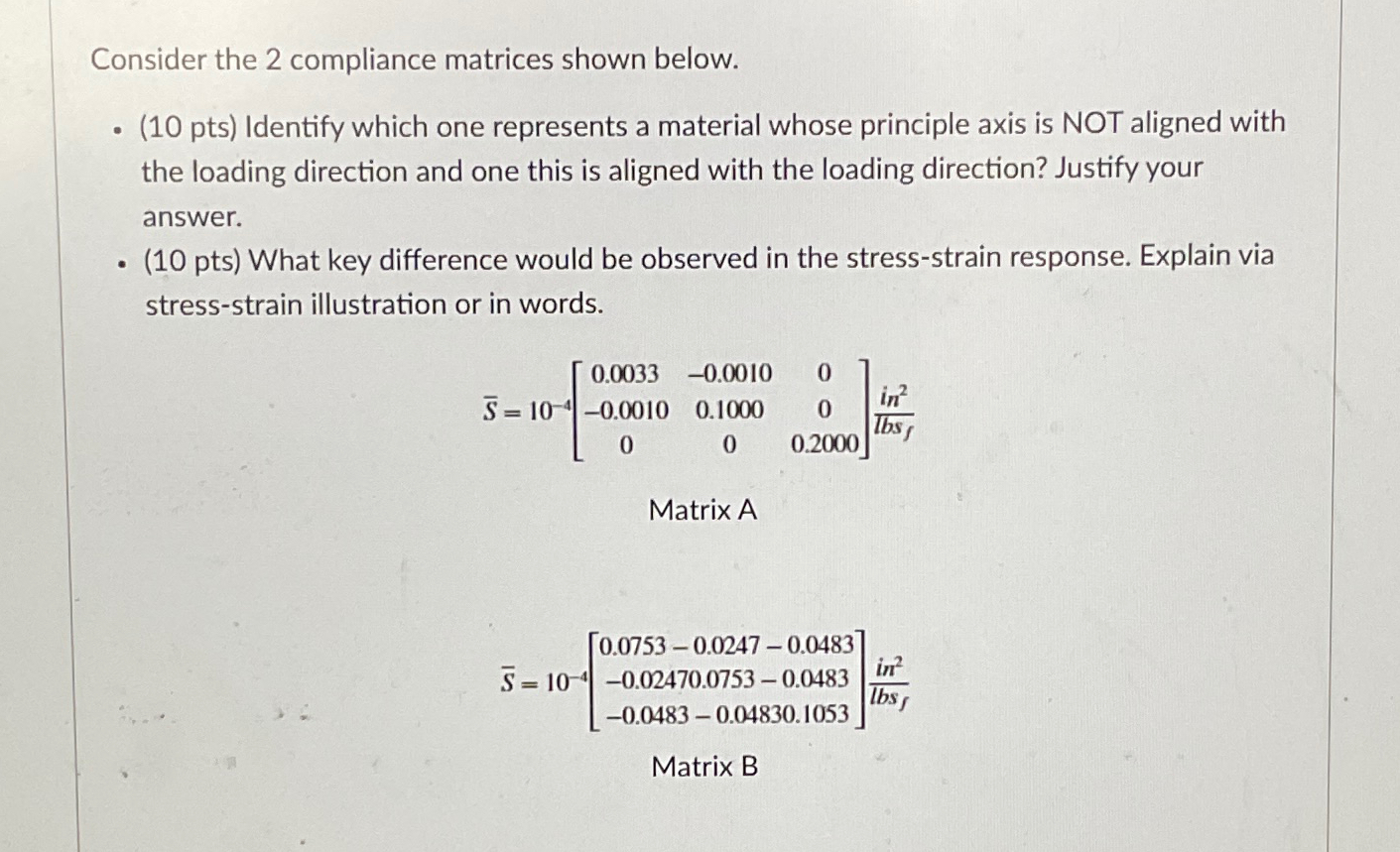 Solved Consider the 2 ﻿compliance matrices shown below.(10 | Chegg.com