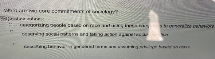 What are two core commitments of sociology? Question options: categorizing people based on race and using these caters to gen