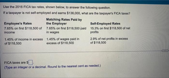 Solved Use the 2016 FICA tax rates, shown below, to answer | Chegg.com