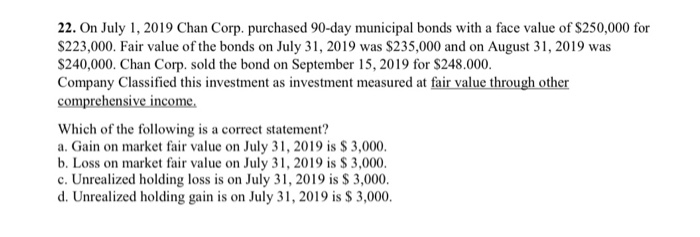 Solved 22. On July 1, 2019 Chan Corp. purchased 90-day | Chegg.com