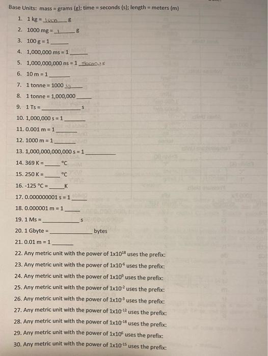 Solved Base Units: mass = grams (B); time = seconds (s); | Chegg.com