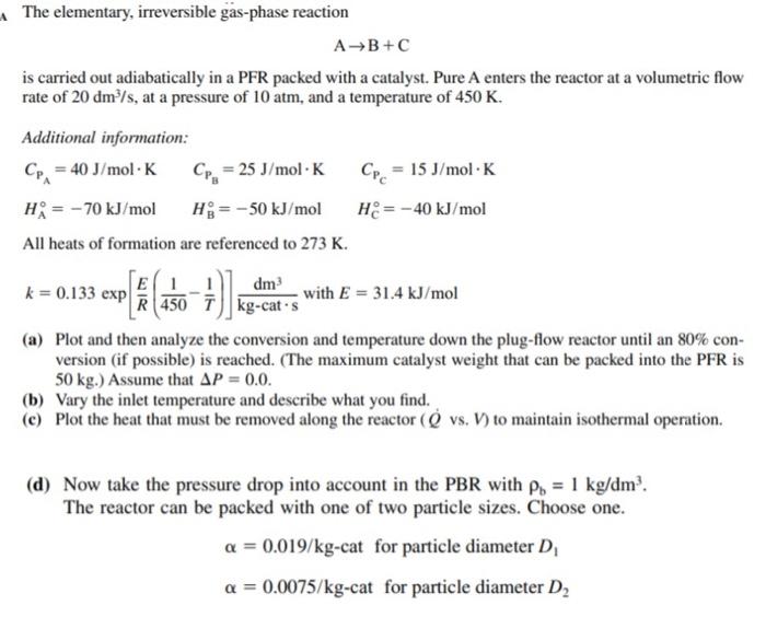 Solved The Elementary, Irreversible Gas-phase Reaction A→B+C | Chegg.com